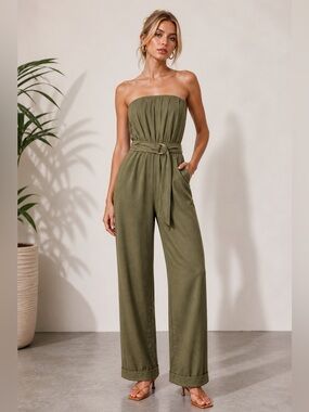 Zara NWT Linen Olive Strapless Belted Jumpsuit | Straight Leg | small